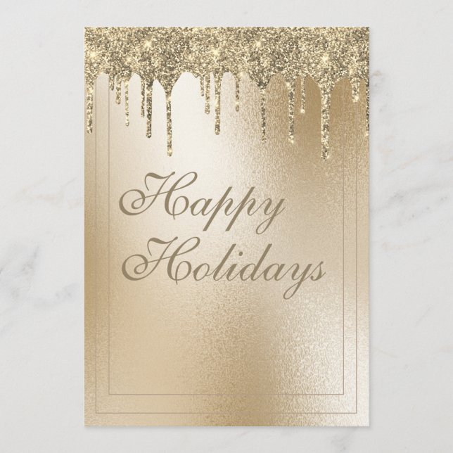 Gold Metallic Glitter Drip Elegant Christmas Happy Holiday Card (Front)