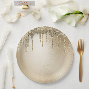 Gold Metallic Glitter Drip Elegant  Paper Plate