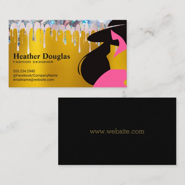 Gold Metallic | Glitter Drip | Fashion Model Business Card (Front/Back)