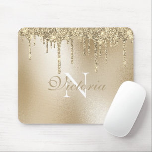 Gold Metallic Glitter Drip Monogram Elegant  Mouse Pad