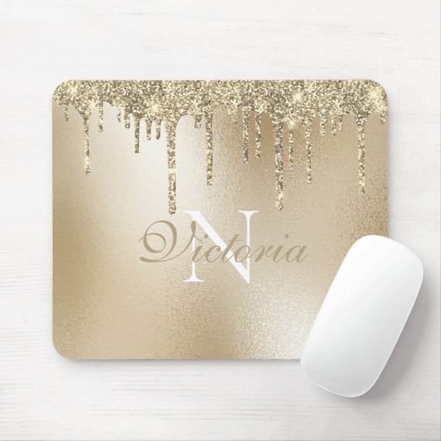 Gold Metallic Glitter Drip Monogram Elegant  Mouse Pad (With Mouse)