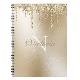 Gold Metallic Glitter Drip Monogram Elegant Notebook