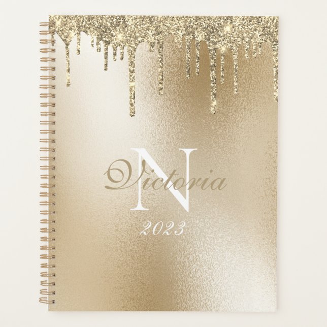 Gold Metallic Glitter Drip Monogram Elegant Planner (Front)