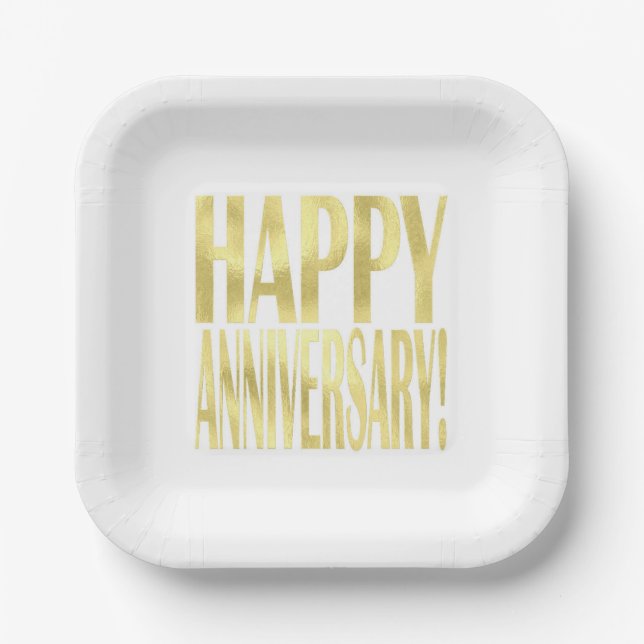 Gold metallic happy anniversary stylish chic paper plate (Front)