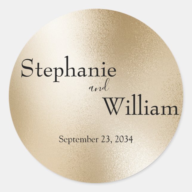 Gold Metallic Modern Elegant Wedding Classic Round Sticker (Front)