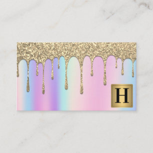 Gold Metallic Monogram Glitter Drip Iridescent Business Card