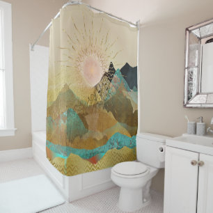 Gold Metallic Mountain Vista Landscape Shower Curt Curtain