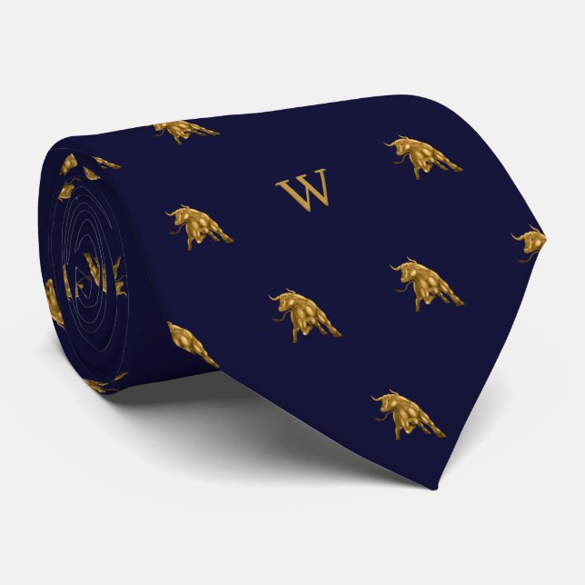 Gold Metallic Ox Bull Monogrammed Initials Blue Tie (Rolled)