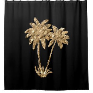 Gold Metallic Palm Trees on Black Shower Curtain