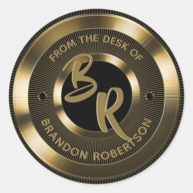 Gold Metallic Personalised Initial Classic Round Sticker (Front)