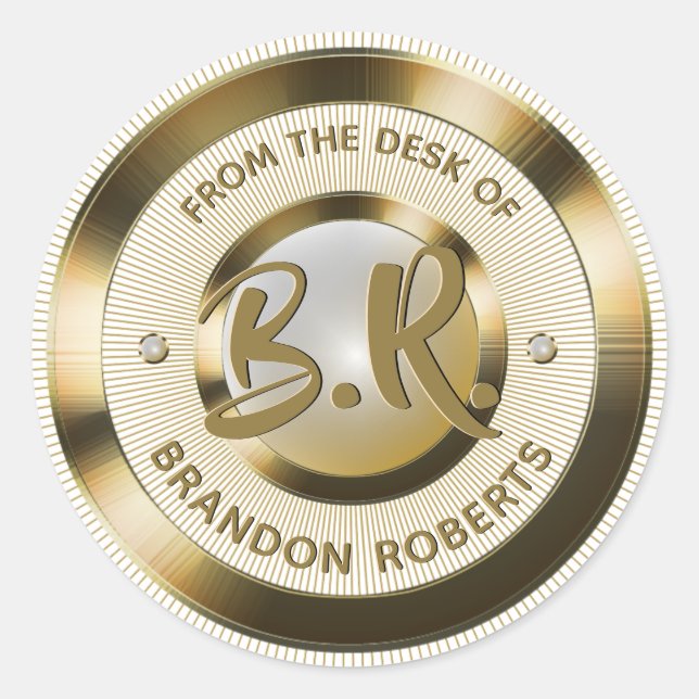 Gold Metallic Personalised Initial Classic Round Sticker (Front)