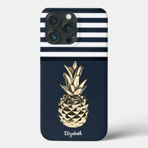 Gold Metallic Pineapple Navy Blue Stripes iPhone 13 Pro Case