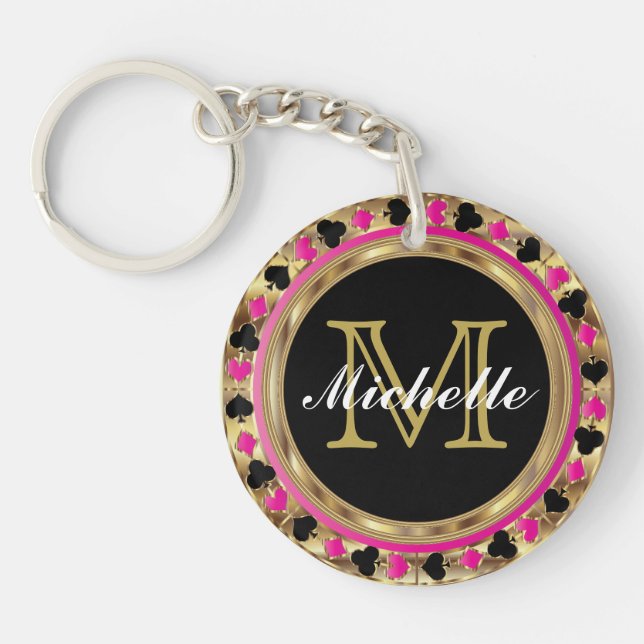 Gold Metallic Pink Poker Design | Monogram Key Ring (Front)