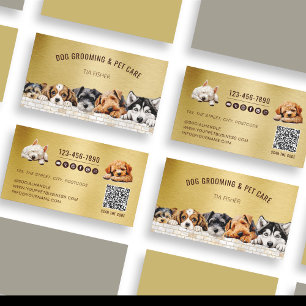Gold Metallic QR Code Social Media Dog Grooming Business Card