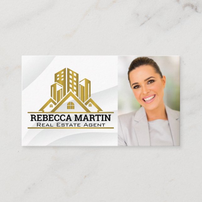 Gold Metallic Real Estate Logo | Business Woman  Card (Front)