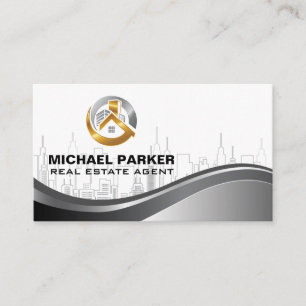 Gold Metallic Real Estate Logo   City Skyline Business Card