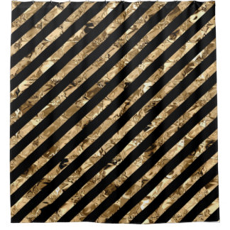 Gold Metallic Stripes on Black Shower Curtain