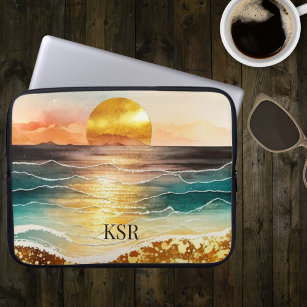 Gold Metallic Sunset Over the Ocean with Monogram  Laptop Sleeve