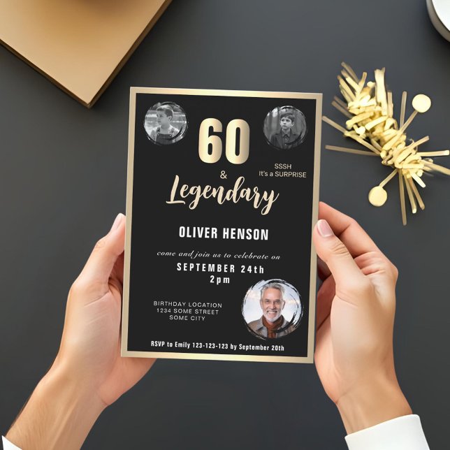 Gold Metallic Surprise 3 Photo 60th Birthday  Invitation (Creator Uploaded)