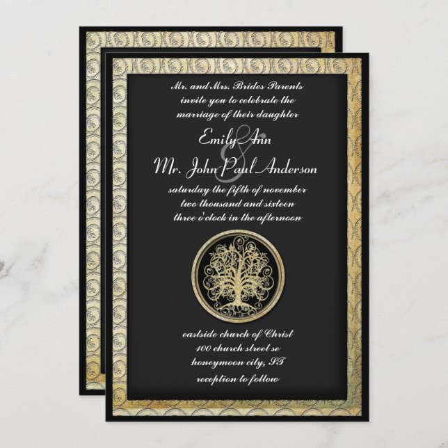 Gold Metallic Swirl Tree Gold Border Wedding Invitation (Front/Back)