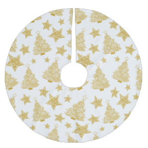 Gold Metallic Trees & Stars Christmas Pattern Brushed Polyester Tree Skirt