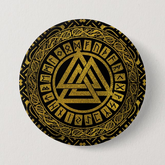 Gold  Metallic Valknut Symbol on Celtic Pattern 7.5 Cm Round Badge (Front)