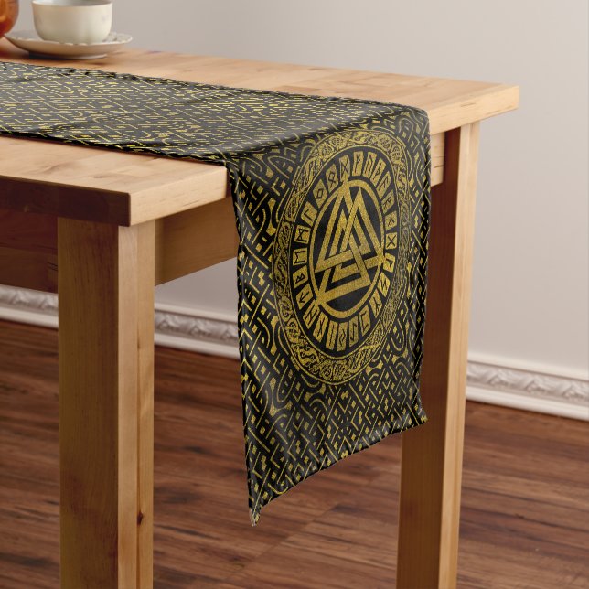 Gold  Metallic Valknut Symbol on Celtic Pattern Short Table Runner (In Situ)