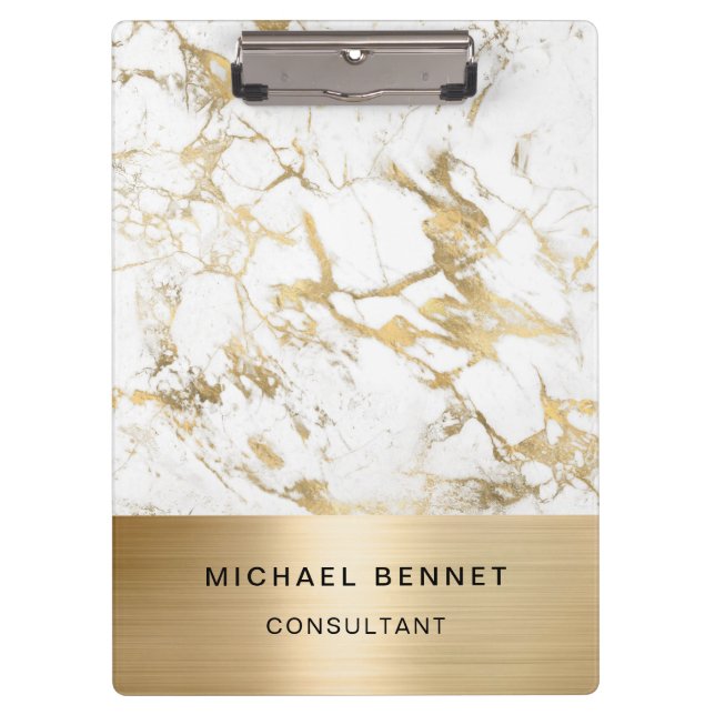 Gold Metallic White Marble Consultant Business Clipboard (Front)