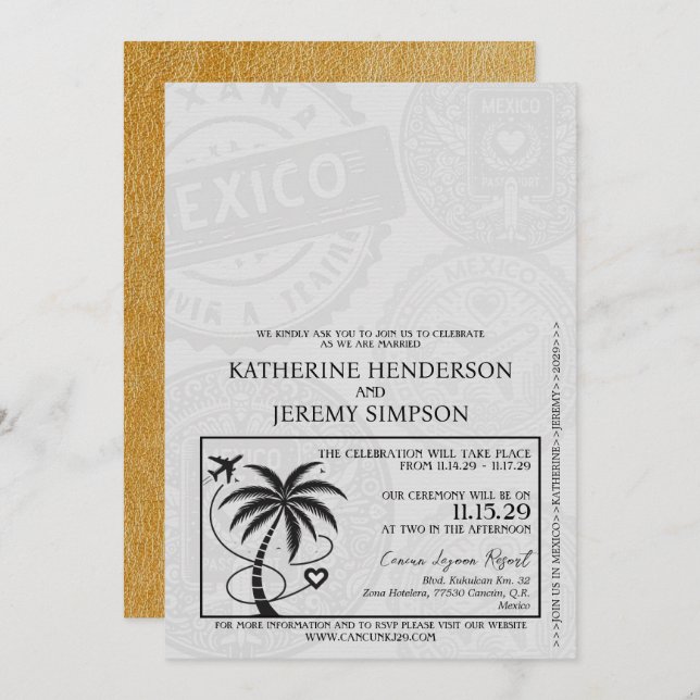Gold Mexico Passport Wedding Invitation (Front/Back)