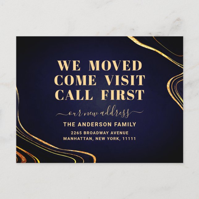 Gold Midnight Blue New Address Moving Announcement Postcard (Front)