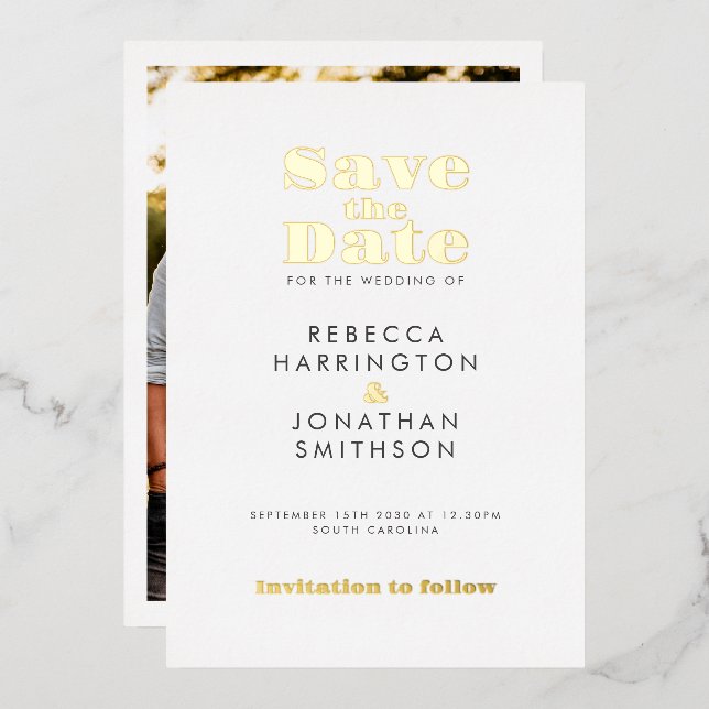 Gold Minimal Bold Typography Wedding Save The Date (Front/Back)