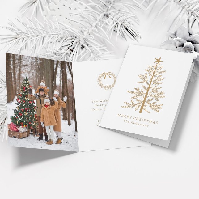 Gold Minimal Christmas Pine Tree Photo Folded Holiday Card (Front & Inside)