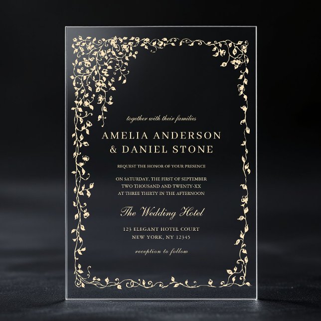 Gold Minimal Leaf Greenery Elegant Wedding  Acrylic Invitations (Creator Uploaded)