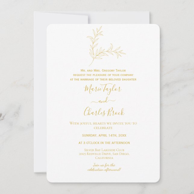 Gold Minimal Leaf Wedding Invitation (Front)