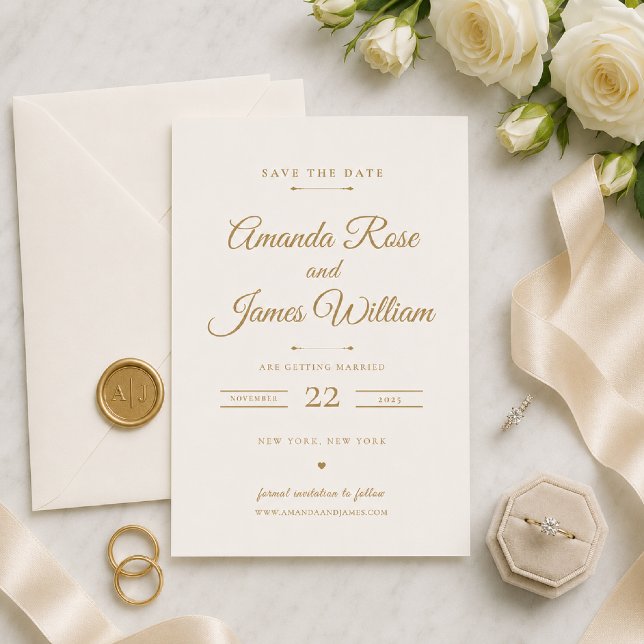Gold Minimal Look Save the Date Card (Elegant gold Save the Date styled with timeless minimalist wedding details.)