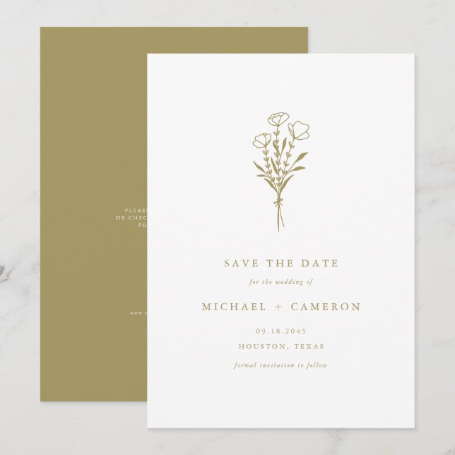 Gold Minimalist Botanical Bouquet QR Code Save The Date (Front/Back)