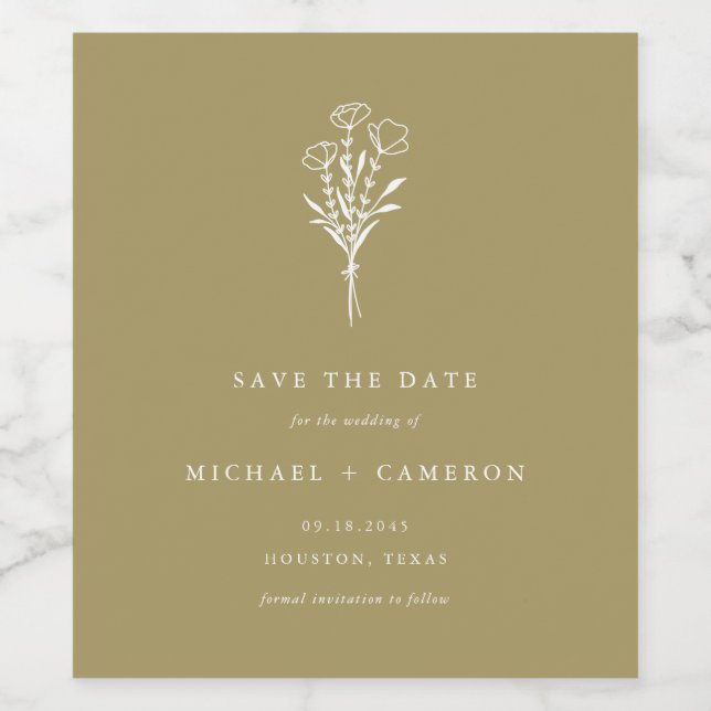 Gold Minimalist Botanical Save the Date Wine Label (Single Label)