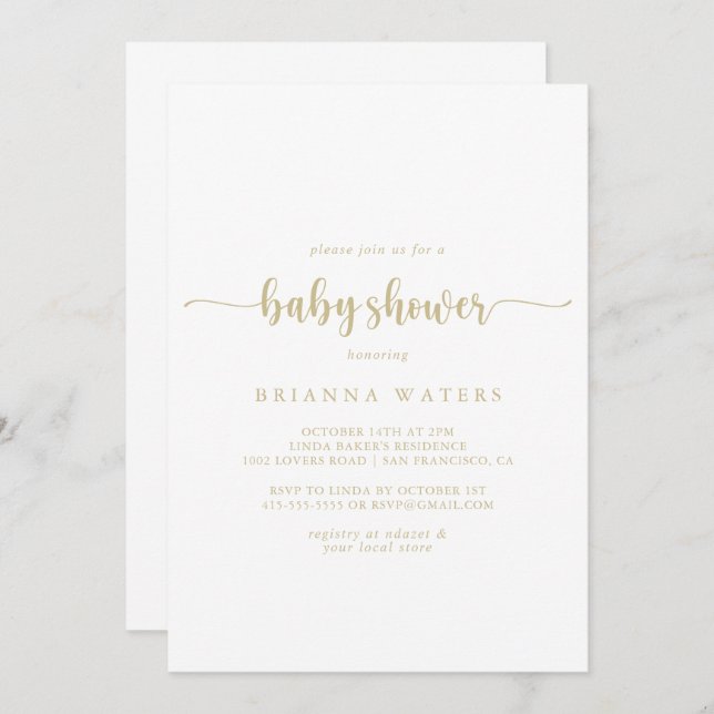 Gold Minimalist Calligraphy Baby Shower  Invitation (Front/Back)