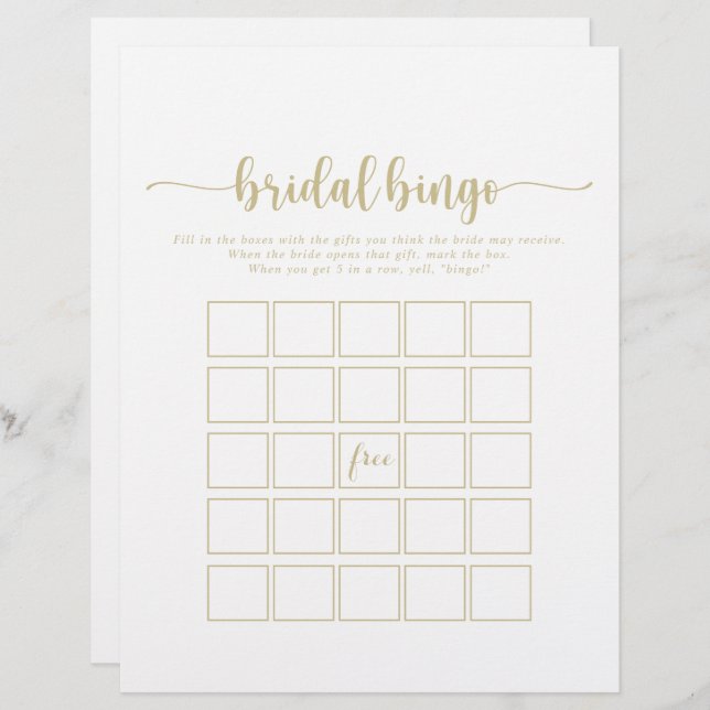 Gold Minimalist Calligraphy Bridal Bingo Game (Front/Back)