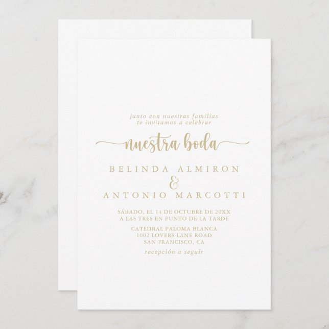 Gold Minimalist Calligraphy Nuestra Boda Wedding   Invitation (Front/Back)