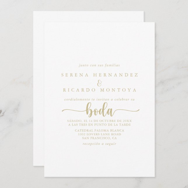 Gold Minimalist Calligraphy Spanish Wedding   Invitation (Front/Back)
