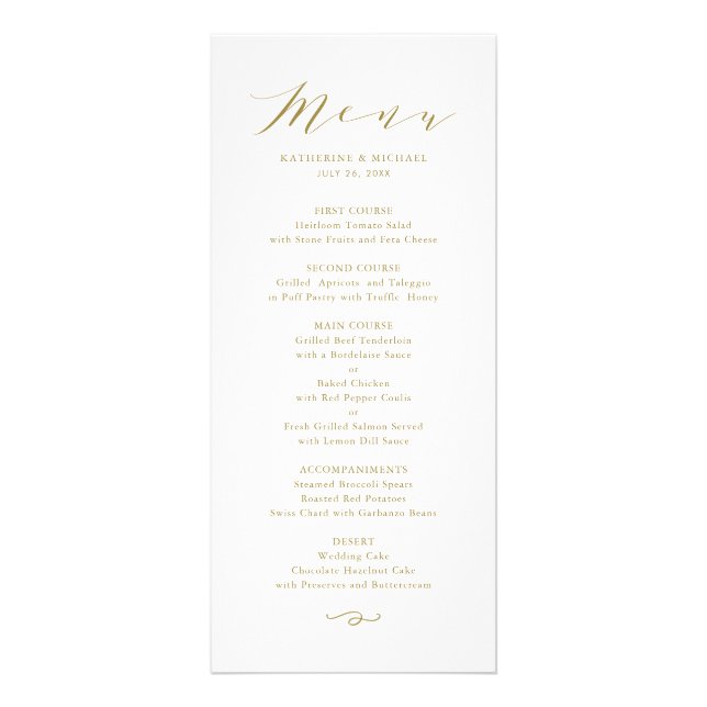 Gold Minimalist Dainty Script Wedding Menu Card (Front)
