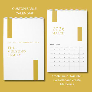 Gold Minimalist Modern 2026 Wall Calendar