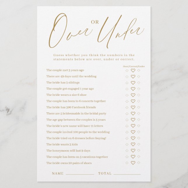 Gold minimalist Over or Under bridal shower game (Front)