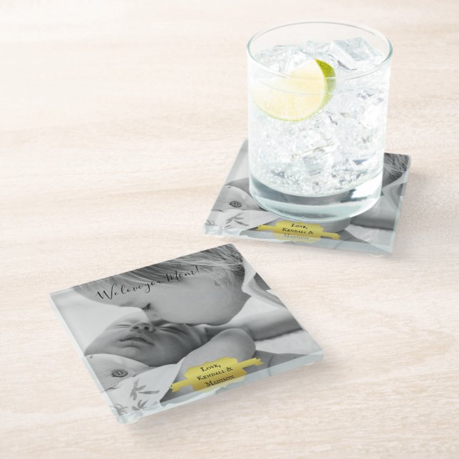 Gold Minimalist Photo Mother's Day Glass Coaster (Angled)