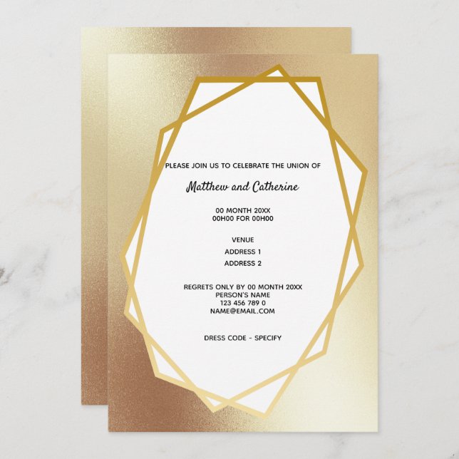 Gold minimalist plain geometric frame hexagonal invitation (Front/Back)