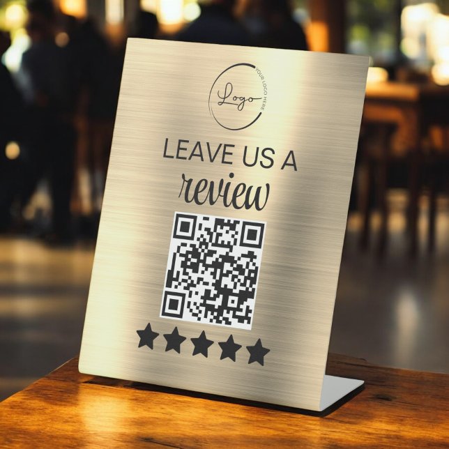 Gold Minimalist QR Leave Us a Review Business Pedestal Sign (Creator Uploaded)