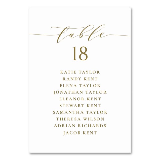 Gold Minimalist Script Wedding Seating Plan Table Number (Front)