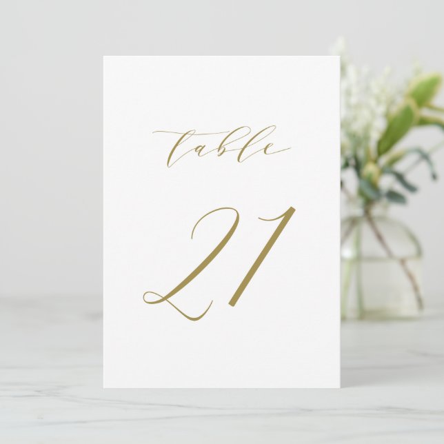 Gold Minimalist Script Wedding Table Number 21 (Standing Front)