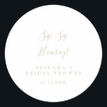 Gold Minimalist Sip Sip Hooray Bridal Shower  Classic Round Sticker<br><div class="desc">This gold minimalist sip sip hooray bridal shower favour sticker is perfect for a modern wedding shower. The simple and elegant design features classic and fancy script typography in gold.</div>